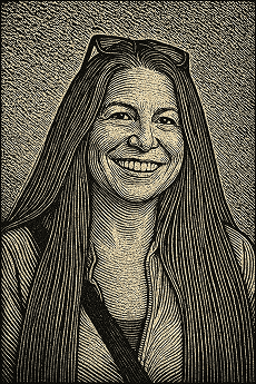 Stylized photo of Katherine May, a Middle aged white woman with a pleasant smile